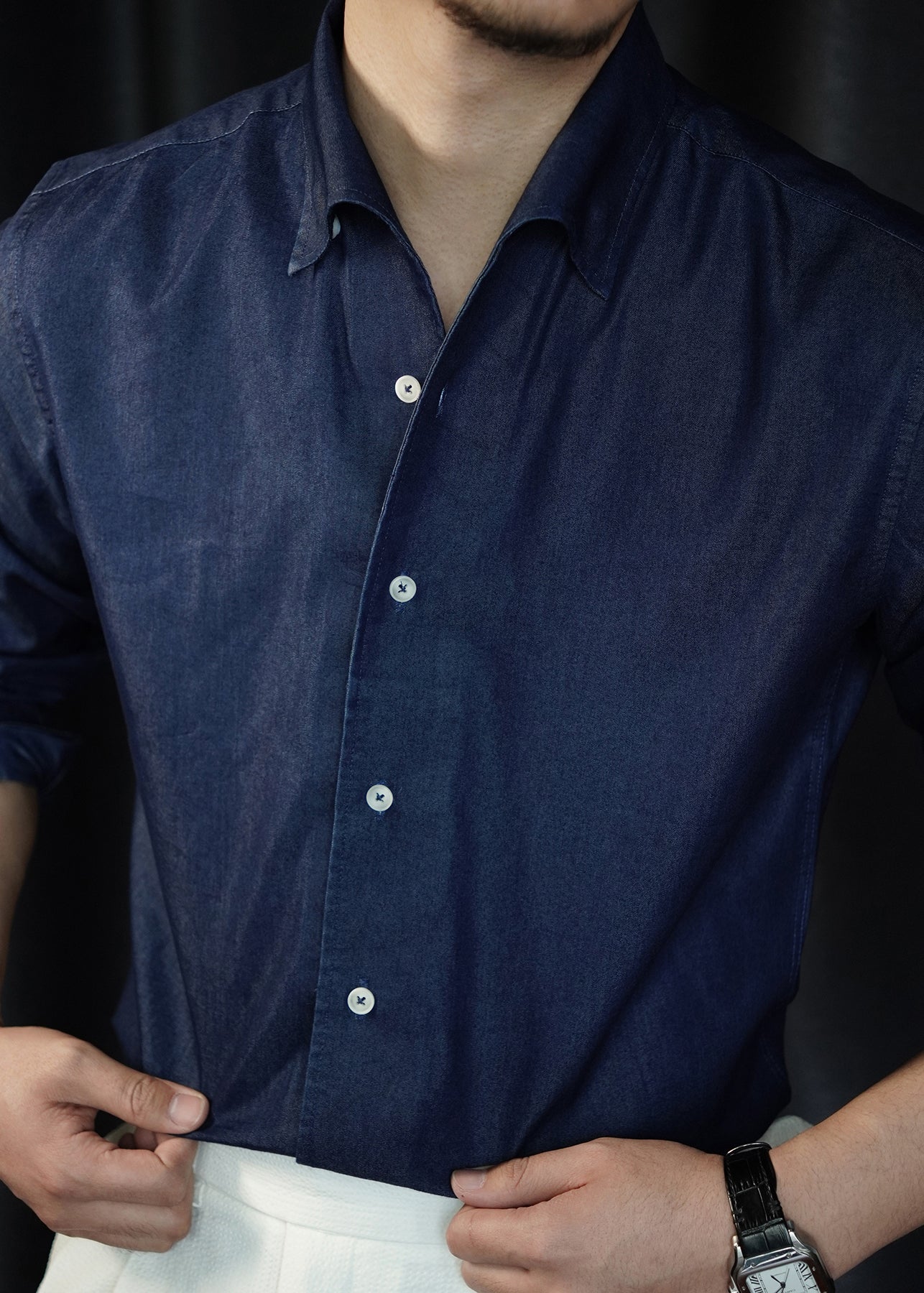 Simple Navy Peter Pan Collar Solid Denim Shirts Mens Fall