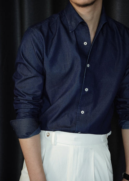 Simple Navy Peter Pan Collar Solid Denim Shirts Mens Fall