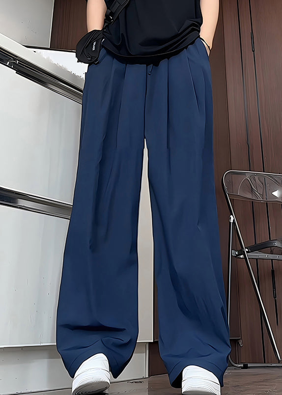 Simple Navy Pockets Elastic Waist Ice Silk Pants Summer