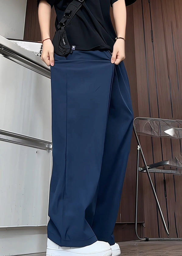 Simple Navy Pockets Elastic Waist Ice Silk Pants Summer