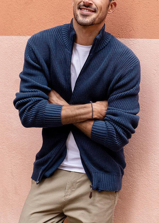 Simple Navy Zip Up Pockets Knit Cardigan Spring