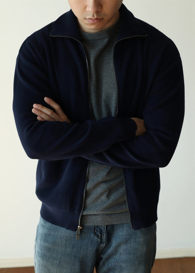 Simple Navy Zip Up Pockets Knit Coats