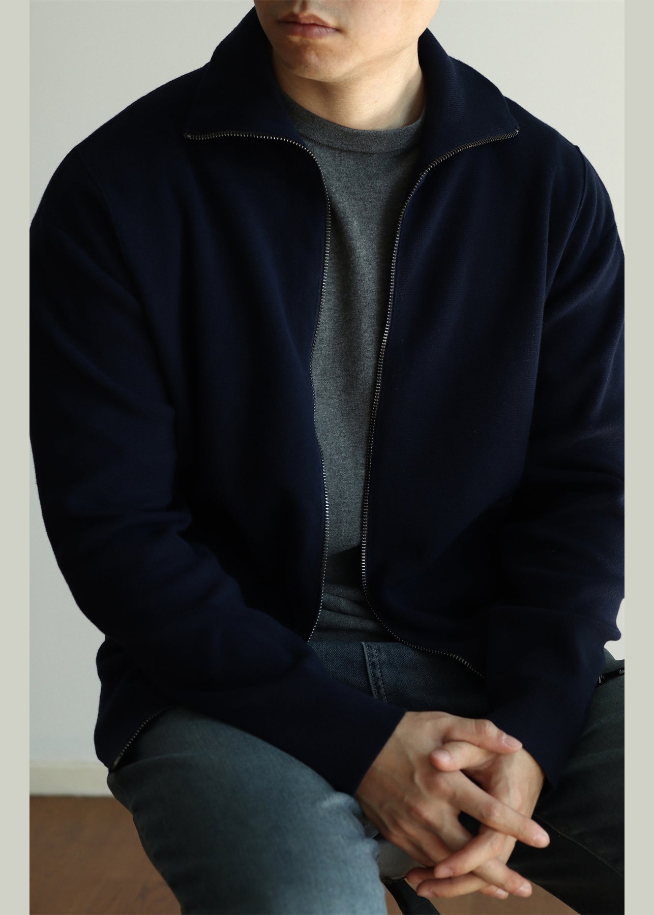 Simple Navy Zip Up Pockets Knit Coats