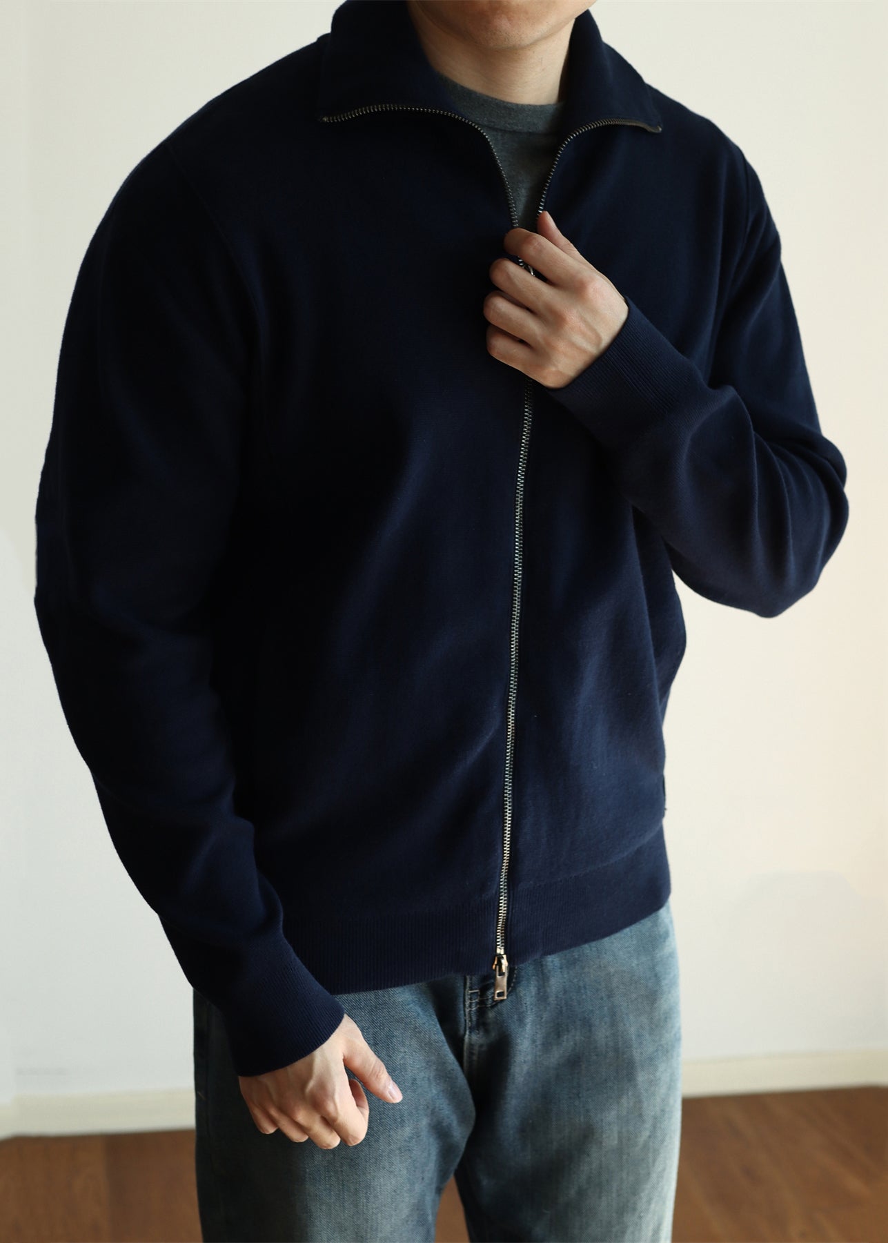 Simple Navy Zip Up Pockets Knit Coats