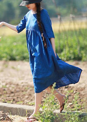 Simple O Neck Patchwork Summer Tunic Blue Dress
