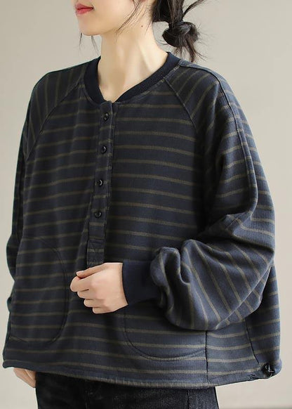 Simple O Neck Spring Clothes For Women Christmas Gifts Navy Striped Blouses