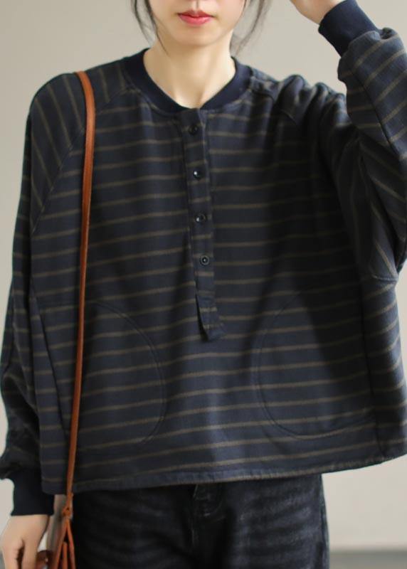 Simple O Neck Spring Clothes for Christmas Gifts Navy Striped Blouses