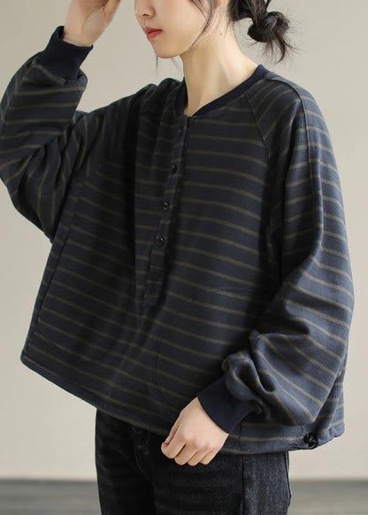Simple O Neck Spring Clothes For Women Christmas Gifts Navy Striped Blouses