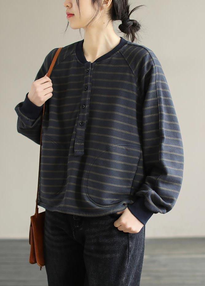 Simple O Neck Spring Clothes For Women Christmas Gifts Navy Striped Blouses