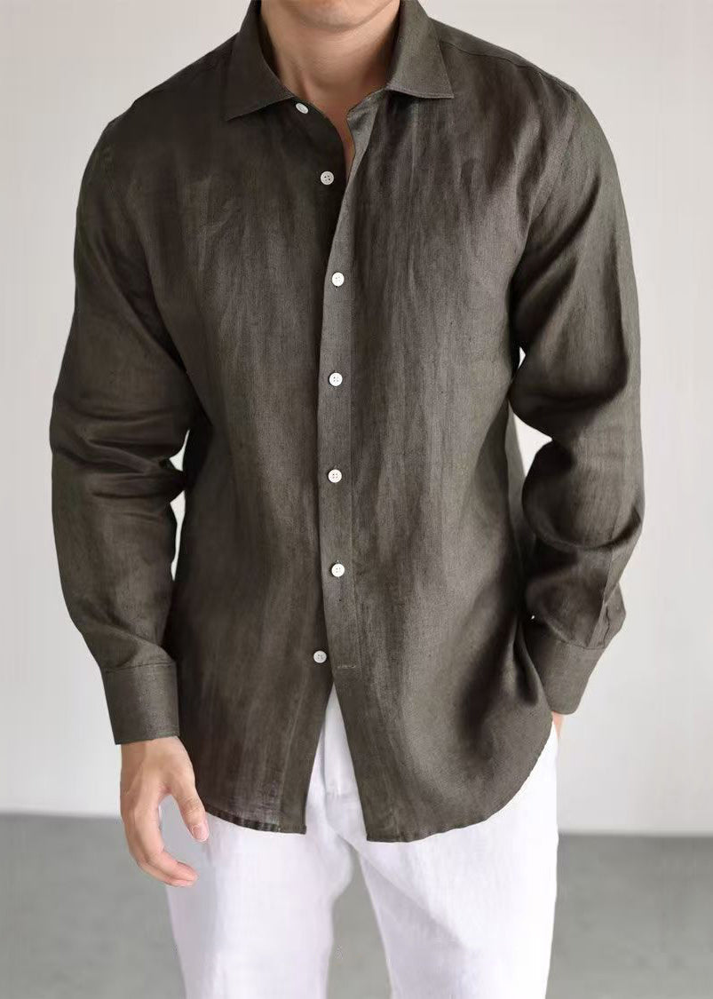 Simple Olive Green Button Solid Linen Men Shirts Long Sleeve