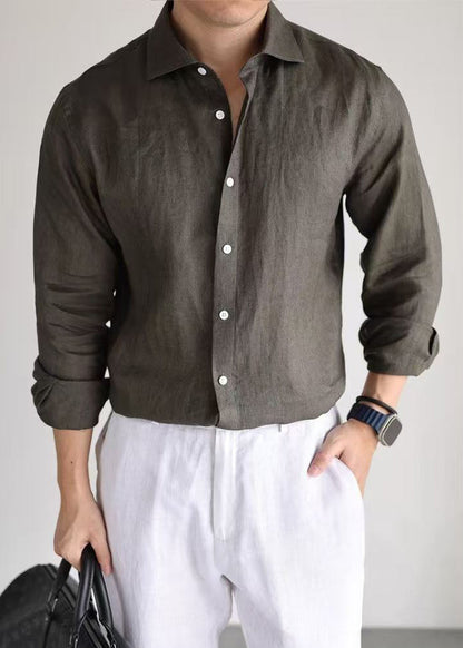 Simple Olive Green Button Solid Linen Men Shirts Long Sleeve