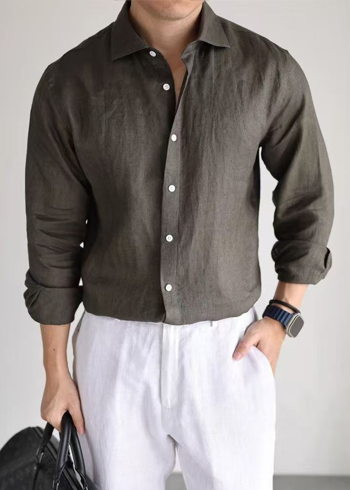 Simple Olive Green Button Linen Shirts Long Sleeve