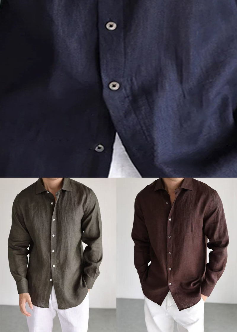 Simple Olive Green Button Linen Shirts Long Sleeve