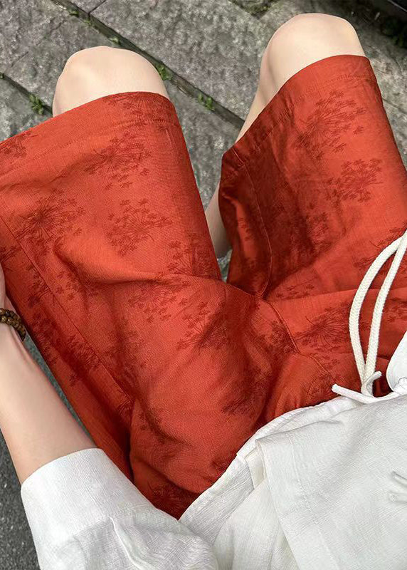 Simple Orange Pockets Print Cotton Beach Shorts Summer