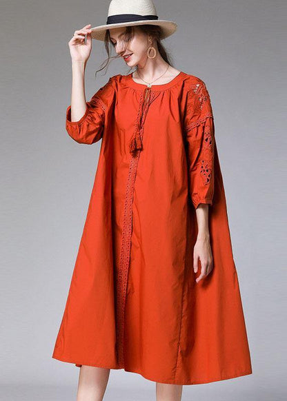 Simple Orange Three Quarter Sleeve Lace Spring Holiday Dress