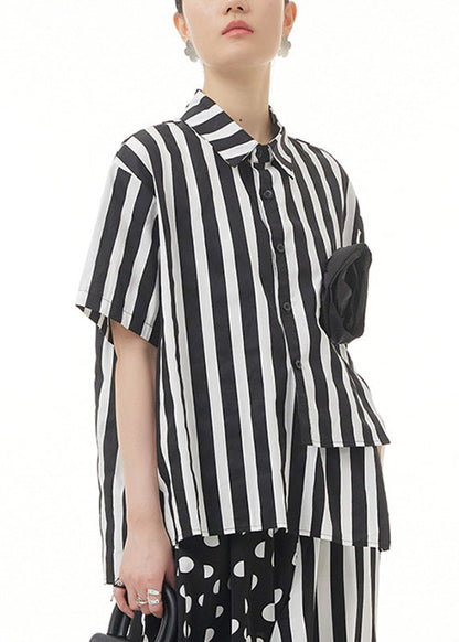 Simple Peter Pan Collar Asymmetrical Patchwork Button Cotton Shirts Summer