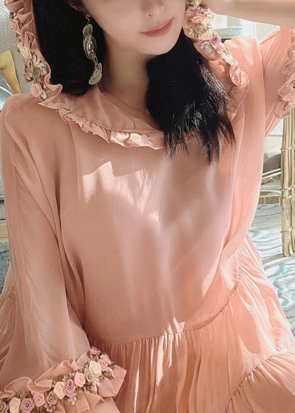 Simple Pink Wrinkled Hoold Silk Maxi Dresses Flare Sleeve