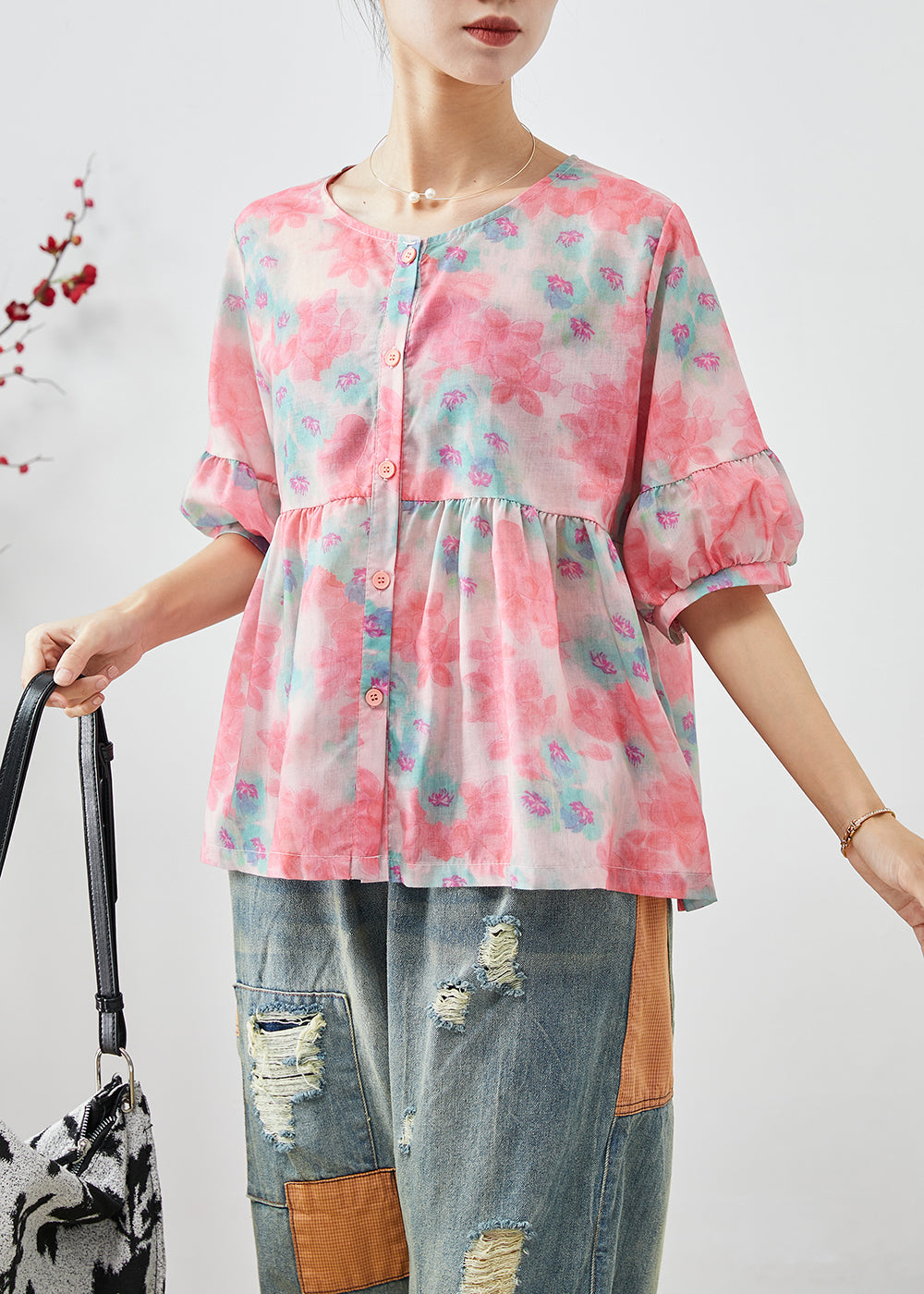 Simple Pink O-neck Print Linen Shirt Tops Half Sleeve