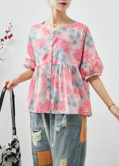 Simple Pink O-neck Print Linen Shirt Tops Half Sleeve