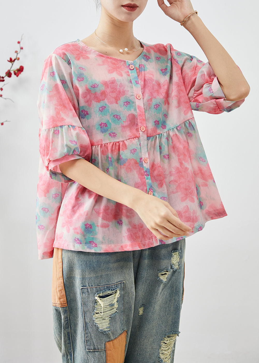 Simple Pink O-neck Print Linen Shirt Tops Half Sleeve