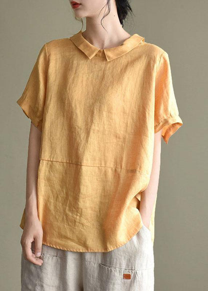 Simple Yellow Peter Pan Collar Patchwork Summer Linen Blouses