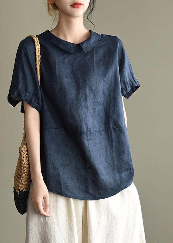 Simple Yellow Peter Pan Collar Patchwork Summer Linen Blouses