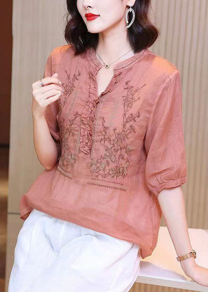 Simple Pink Ruffled Embroideried Patchwork Linen Tops Summer