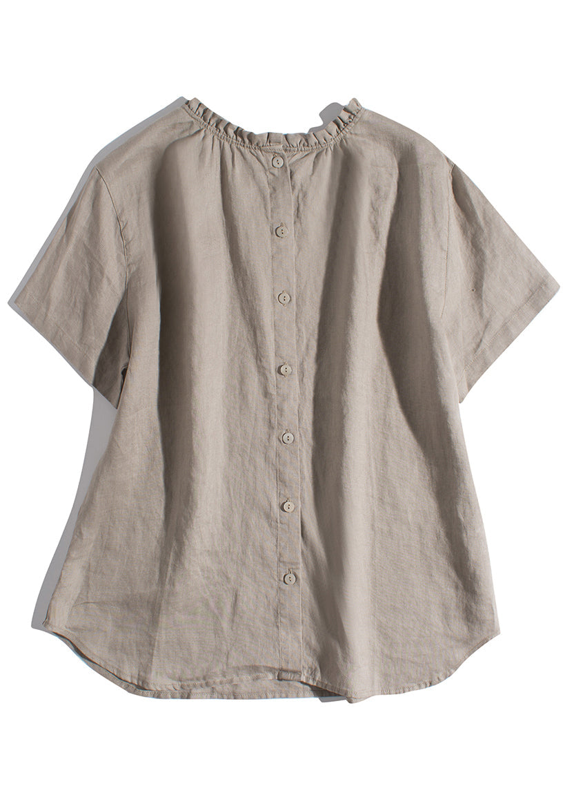 Simple Khaki Ruffled Wear on Both Sides Linen Blouses Summer
