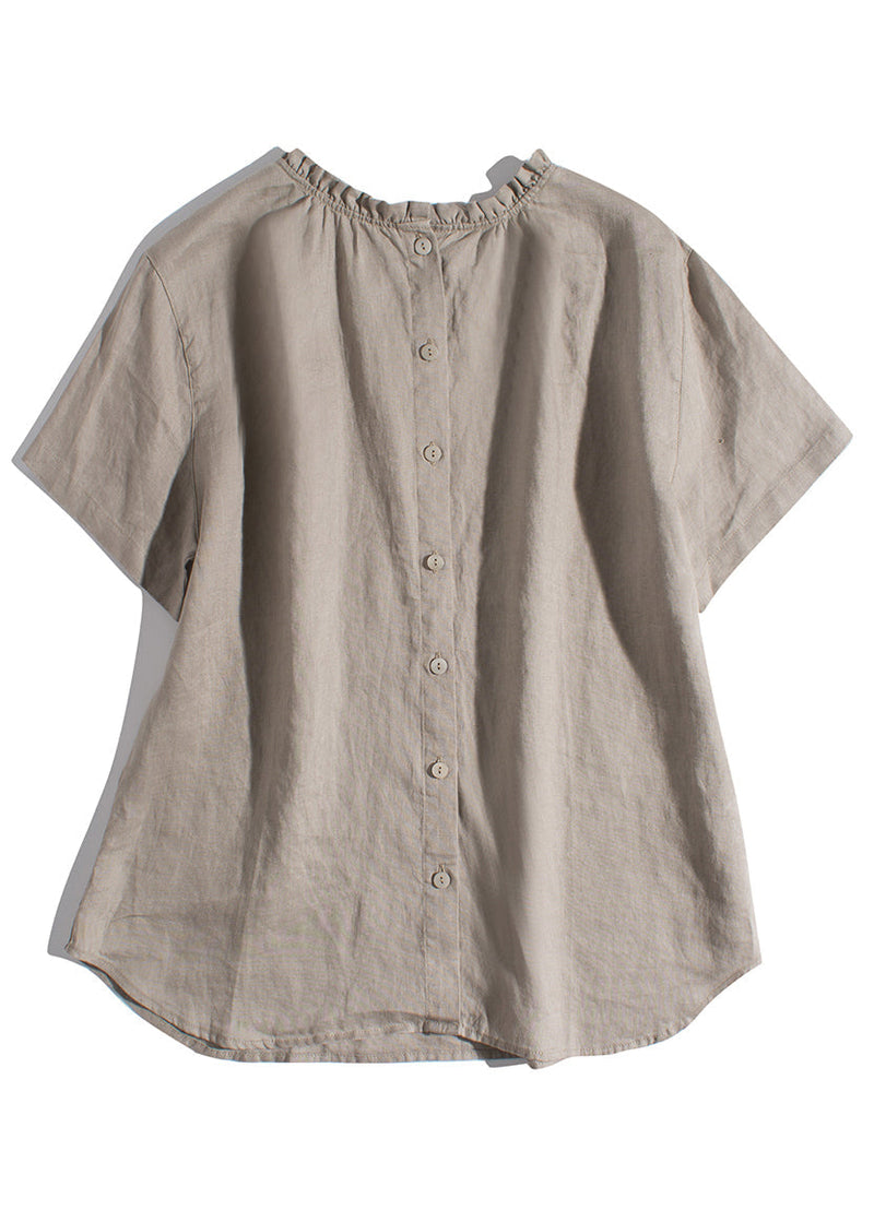 Simple Khaki Ruffled Wear on Both Sides Linen Blouses Summer
