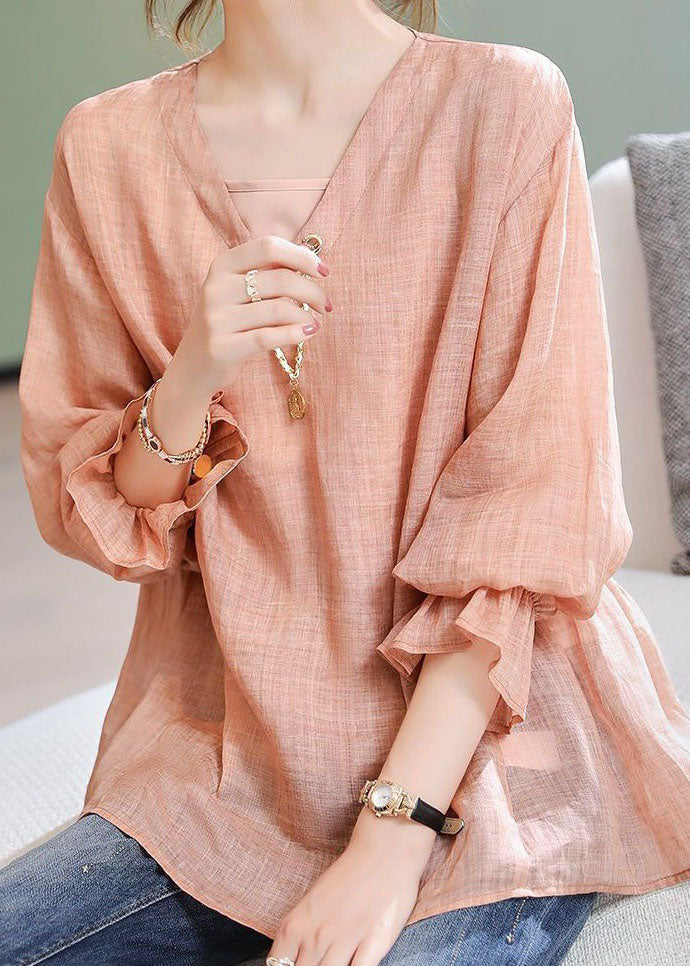 Simple Pink V Neck Spaghetti Strap and Shirts Linen 2 Piece Spring