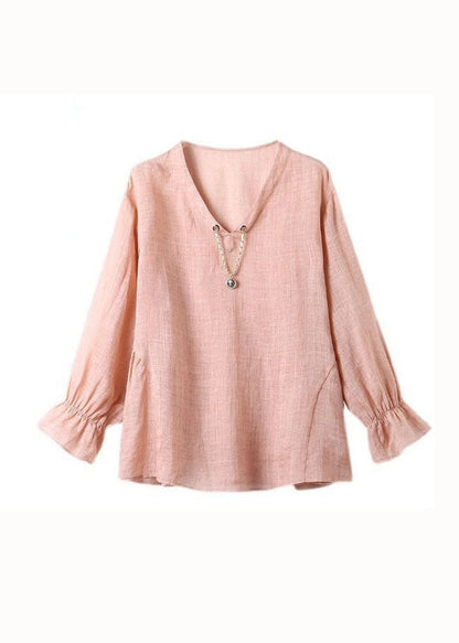 Simple Pink V Neck Spaghetti Strap And Shirts Linen 2 Piece Spring