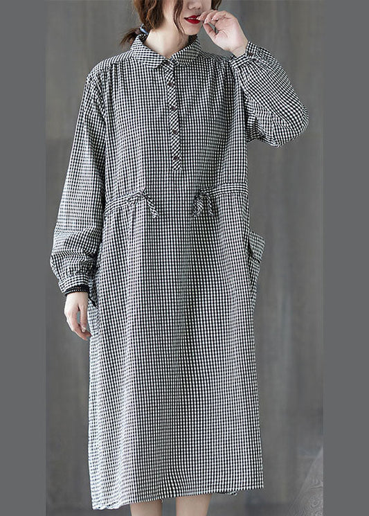 Simple Plaid Button Pockets Tie Waist Fall Party Dress Long Sleeve