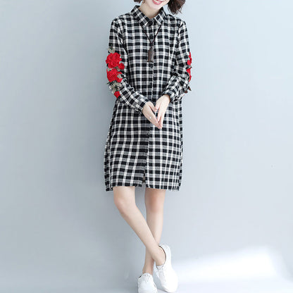 Simple Plaid Cotton Quilting Dresses Tunic Tops Lapel Embroidery Art Shirt Dress