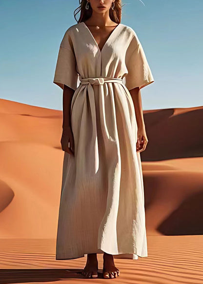 Simple Beige V Neck Tie Waist Linen Dresses Summer