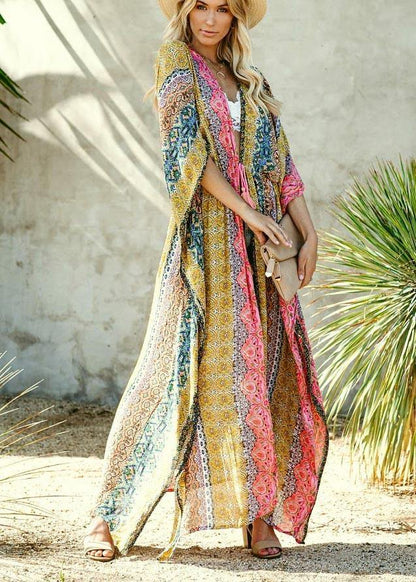 Simple Print Tie Waist Loose Kimono Robe Holiday Cotton Dress