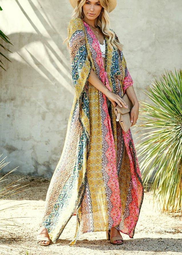 Simple Print Tie Waist Loose Kimono Robe Holiday Cotton Dress