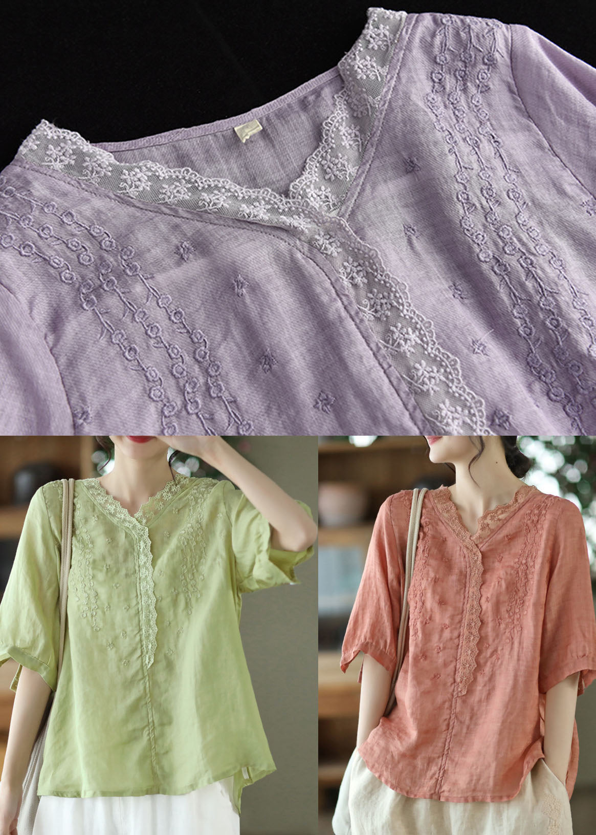 Simple Purple Embroideried Linen Shirt Top Half Sleeve