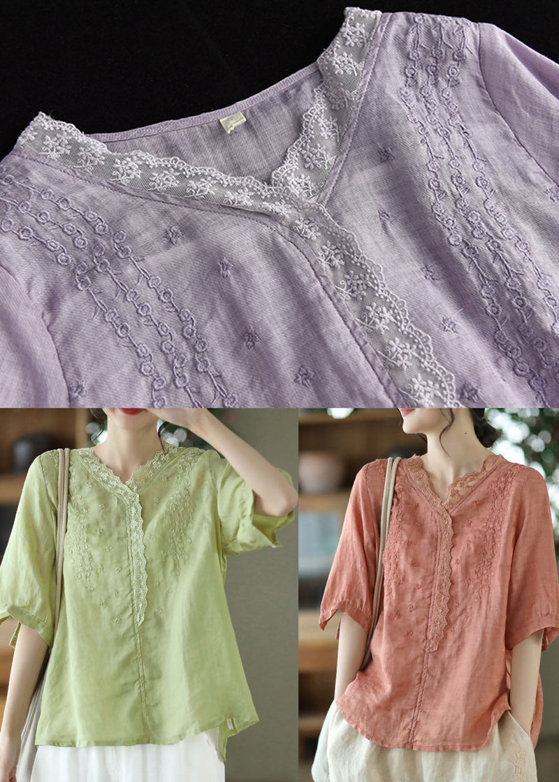 Simple Purple Embroideried Linen Shirt Top Half Sleeve