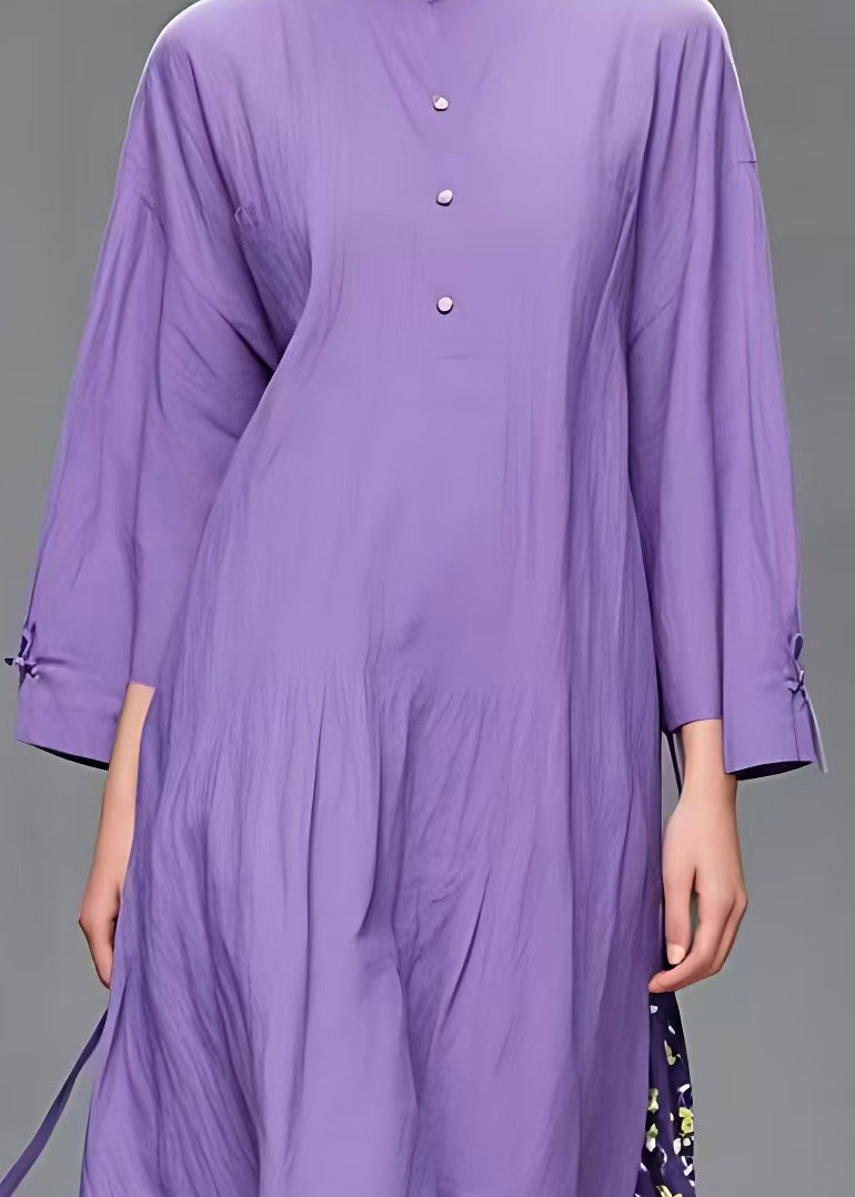 Simple Purple O-neck Print Patchwork Long Dress Fall