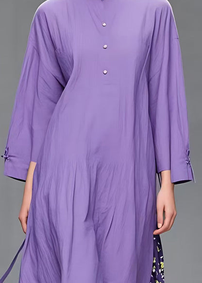 Simple Purple O-neck Print Patchwork Long Dress Fall