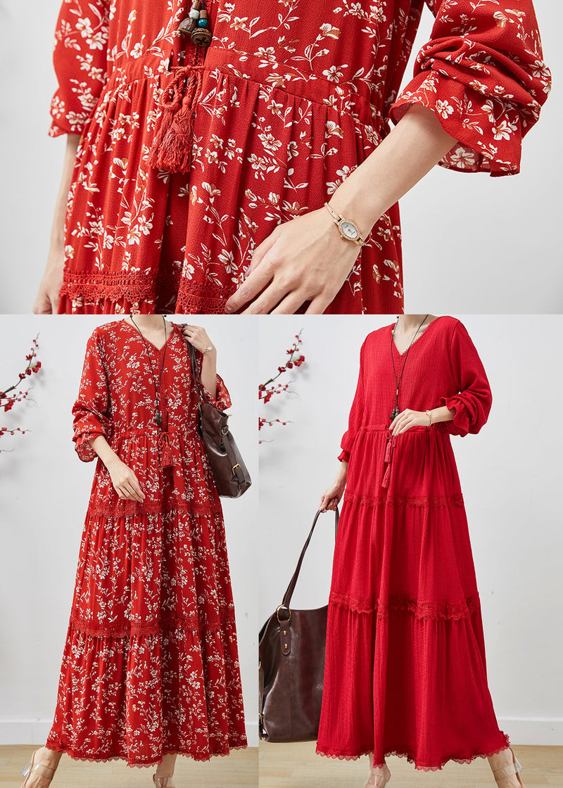 Simple Red Cinched Lace Patchwork Cotton Dresses Fall