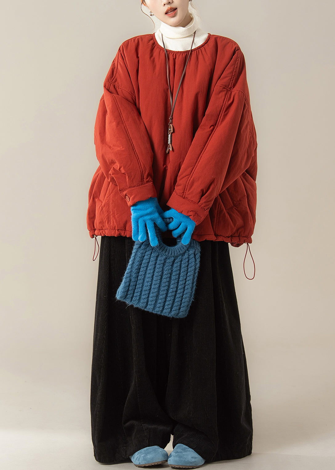Simple Red O Neck Fine Cotton Filled Top and Pants Two Piece Set Winter