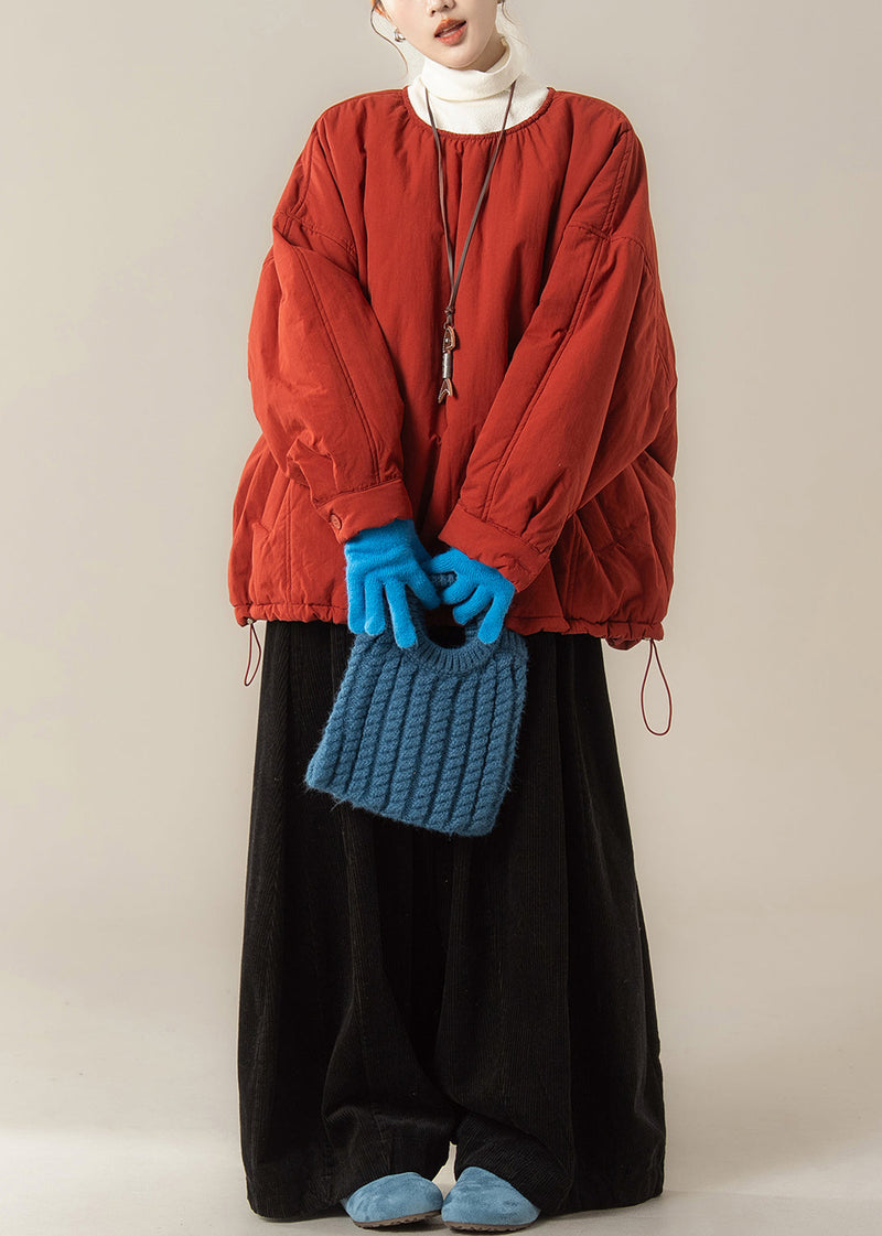 Simple Red O Neck Fine Cotton Filled Top and Pants Two Piece Set Winter