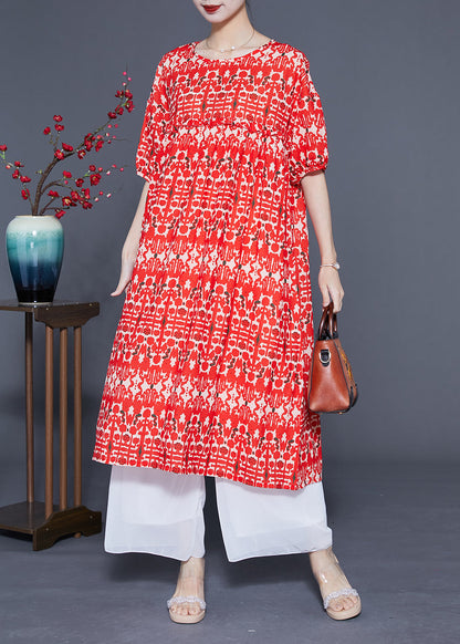 Simple Red O-neck Ruffled Print Silk Holiday Dress Summer