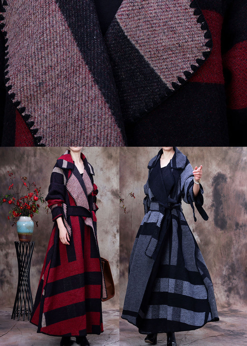 Simple Red Peterpan Collar Plaid Tie Waist Winter Woolen Long Sleeve Trench Coats