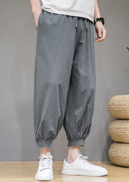 Simple Red Pockets Elastic Waist Cotton Crop Pants Summer
