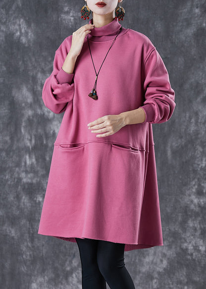 Simple Rose Turtle Neck Patchwork Cotton Mid Dress Fall