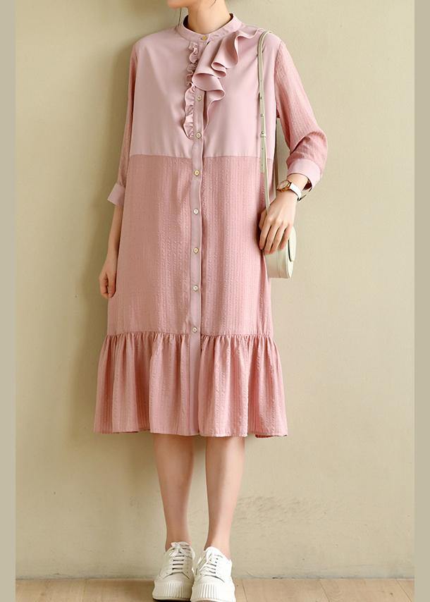 Simple Ruffles Maxi Patchwork Pink Dresses