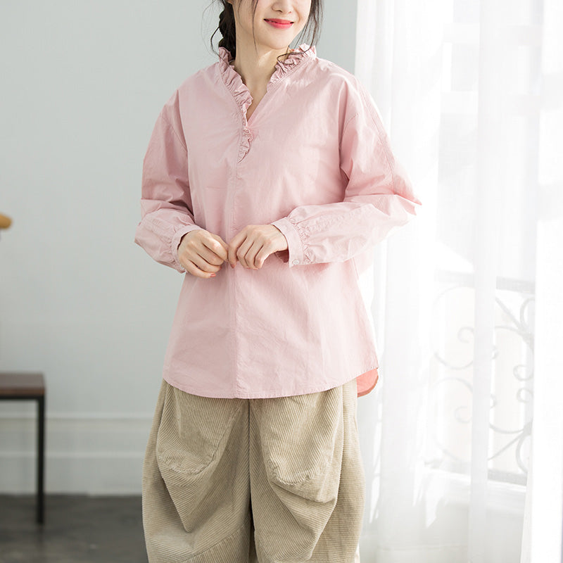Simple Ruffles Cotton Top Silhouette Omychic Sleeve Light Pink Loose Shirt