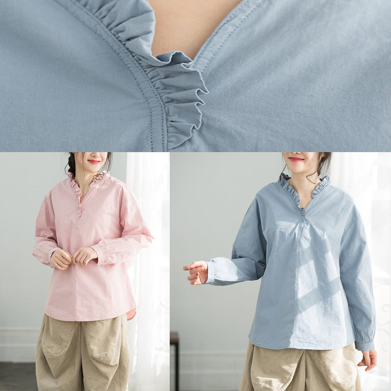 Simple Ruffles Cotton Top Silhouette Omychic Sleeve Light Pink Loose Shirt